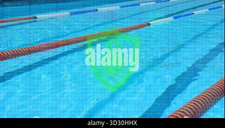 Green shield padlock icon floating over outdoor pool, with tricolor lane ropes, binary grid overlay Stock Photo