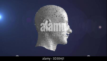 Rendering 3D head profile forming from cubic particles in virtual space, with lens flares Stock Photo