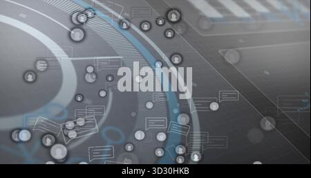 Showing network map in cyberspace, with data rings and grid lines, user icons, chat bubbles Stock Photo
