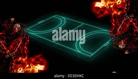 Floating neon court wireframe hovering in digital void, with flanking red-orange particle clusters Stock Photo