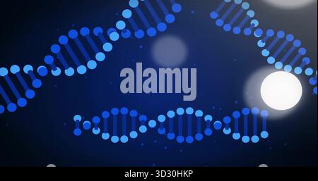 Displaying stylized DNA double helix strands floating in abstract digital space, with blue bokeh Stock Photo