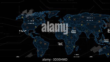 Displaying world map showing neon-blue grid on dashboard, with warning triangles and pixel clusters Stock Photo