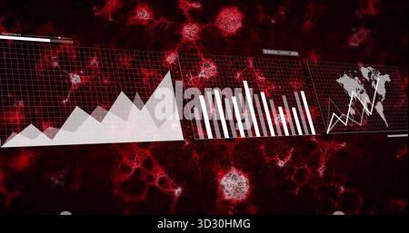 Three data panels displaying on analytics dashboard, with area chart bar chart world map line chart Stock Photo