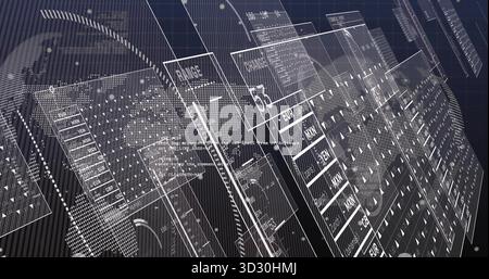 Displaying semi-transparent panels floating in virtual dashboard, showing currency codes and maps Stock Photo