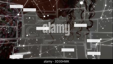 Analyzing adult female using digital network overlay at desk, with floating data interface elements Stock Photo