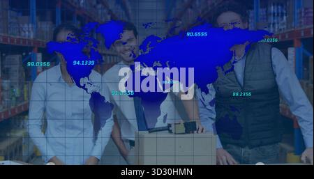Supervising team scanning shipping box using label printer in warehouse, with world map overlay Stock Photo