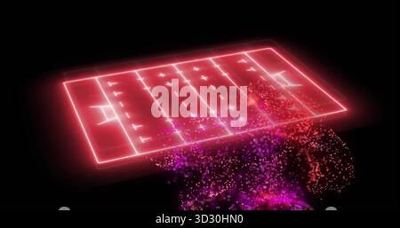 Floating neon sports field glowing in digital void, streaming magenta purple red particle clusters Stock Photo