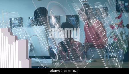 Analyzing dashboards, three professionals working in office, with monitors and floating charts Stock Photo
