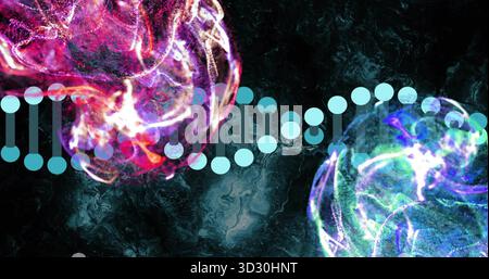 Displaying two glowing molecular spheres linking with stylized DNA helix in digital lab, neon Stock Photo