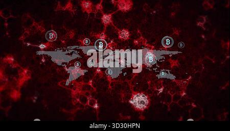 Displaying stylized dotted world map floating on digital network, with Bitcoin logo icons Stock Photo