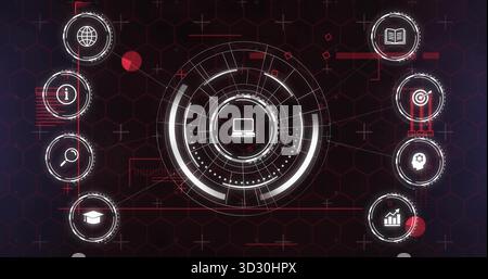 Displaying laptop HUD featuring rings and indicators on red black hexagonal grid, with side icons Stock Photo