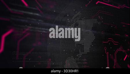 Showcasing stylized dotted globe pulsing over virtual digital interface, with neon circuit traces Stock Photo