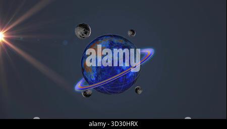 Depicting blue planet hovering in space with glowing purple ring, gridlines and orange accents Stock Photo