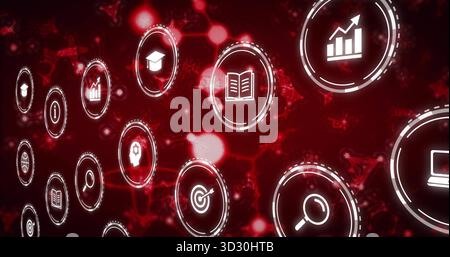 Displaying cluster of glowing UI icons floating over dark red network, including bar chart arrow Stock Photo