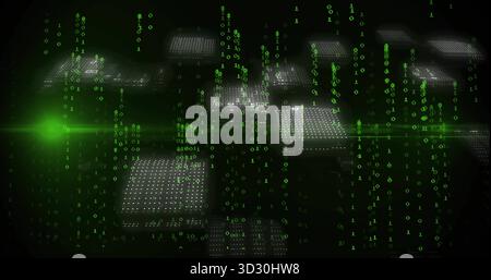 Floating dot matrix panels streaming green binary digits in virtual space, with lens flare streak Stock Photo