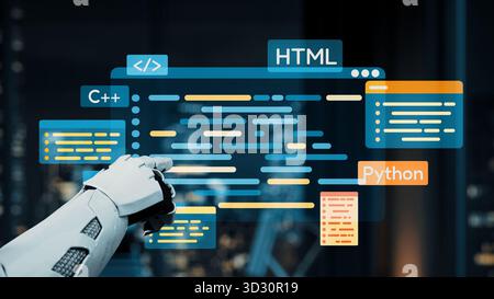 A robotic hand points at a vibrant digital coding interface displaying various programming languages, showcasing the fusion of technology and innovati Stock Photo