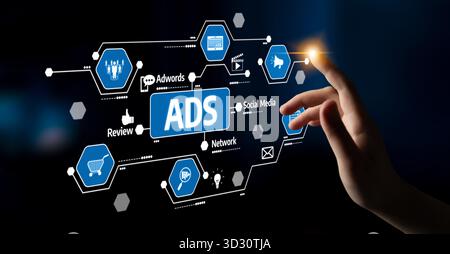 A hand reaches out to engage with digital icons that symbolize various aspects of online advertising, social media, and networking, emphasizing modern Stock Photo