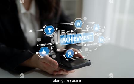 A modern conceptual image showing the idea of achievement with digital icons representing goals, success pathways, and accomplishments, ideal for busi Stock Photo