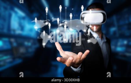 Explore the intersection of virtual reality and global networking, showcasing innovative technology that enhances communication and engagement among p Stock Photo