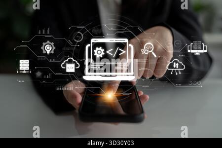 Modern web development concept featuring coding symbols, web development process, web development interface, and web development tools with futuristic Stock Photo