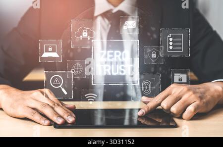 Zero trust model enhances data protection. Zero trust blocks unauthorized access, secures devices, zero trust defends networks, and zero trust verifie Stock Photo