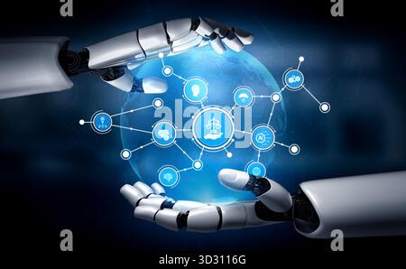 A stunning visual of robotic hands holding a digital globe, symbolizing the integration of AI, justice, and technology through visual networks and con Stock Photo