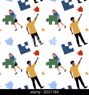 Creative team working with puzzle pieces in a vibrant collaborative environment Stock Vector