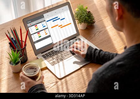Project planning software for modish business project management on the computer screen showing timeline chart of the team project Stock Photo