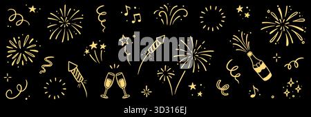 Fireworks new year set. Hand drawn vector elements with doodle golden confetti, firecracker and festive sparkle for birthday, party, or new year celebration. Gold firework vector illustration Stock Vector