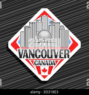 Vector logo for Vancouver, white decorative rhomb road sign with outline illustration of vancouver city scape, art design refrigerator magnet with uni Stock Vector