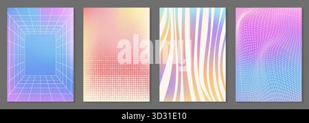 Y2K background pattern set with cute abstract gradient texture collection. Holographic style designs - simple 3d grid tunnel, halftone dots, wavy stripes and distorted mesh in pastel retro bg. Stock Vector