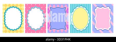 Scallop frames with wavy edges and decorative borders on colorful patterned backgrounds - yellow checkered, pink polka dots, purple argyle, turquoise stripes and blue wave designs for invitation cards Stock Vector