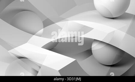 An abstract white monochrome composition featuring curved strips and spheres. Ideal for technology, design, or corporate backgrounds. Evokes simplicit Stock Photo