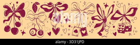 Coquette casino cherries with red ribbon bows on beige background. Vector illustration of retro pattern with billiard balls, poker cards, gambling dice, heart and star signs, elegant doodle design Stock Vector