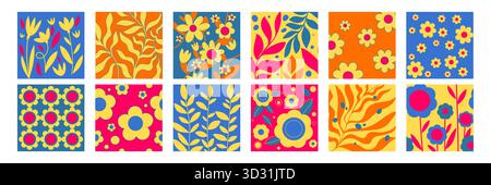 Daisy retro y2k floral pattern set with groovy flowers and leaves backgrounds in vibrant colors - cute print tiles with blooms, foliage and botanical motifs. Nostalgic 2000s aesthetic textile. Stock Vector