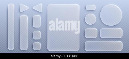 Liquid glass ui design elements set isolated on transparent background. Vector realistic illustration of rectangle, round, triangle shape windows and buttons, computer app interface, game icons Stock Vector