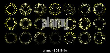 Yellow dot radial ripple patterns with circular halftone designs for graphic elements and digital backgrounds. Concentric rings, spiral forms and burst shapes in dotted style for modern decoration. Stock Vector