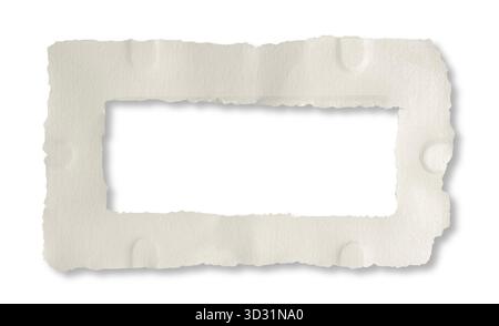 Horizontal rectangular frame cut from cream cardboard textured paper, featuring torn rough edges that lend vintage aesthetic. Central area white and s Stock Photo