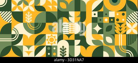 Seamless floral bauhaus pattern in green and yellow colors. Flat vector illustration of vintage mosaic tiles with abstract geometric flowers, leaves, tree branches, retro style wallpaper design Stock Vector