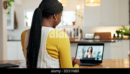 Woman, video call and laptop with financial advisor in home, discussion and advice for tax compliance. Person, computer and contact with broker Stock Photo