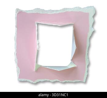 Square-shaped frame light pink cardboard paper. Entire piece paper rough torn outer edges suggesting. Within piece central square cut out with jagged Stock Photo