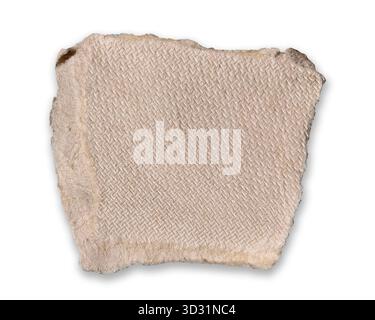 Rectangular piece light brown paper with  distinctive rough torn centered on white background. Cardboard woven-like texture of small cross-hatch patte Stock Photo