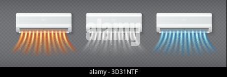 Air condition 3d systems with warm red heating, neutral white and cool blue airflow for climate control. Split units, sparkle effects and temperature modes for indoor comfort or seasonal adjustment. Stock Vector