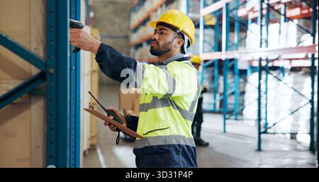 Distribution, scan and man with clipboard in warehouse for supply chain, shipping and inventory. Inspection, storage depot and person with barcode for Stock Photo