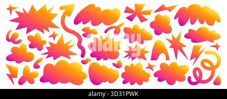 Abstract groovy blobs set isolated on white background. Vector cartoon illustration of different shape gradient clouds, doodle arrows, colorful speech bubbles, funky star, sparkle, lightning stickers Stock Vector