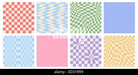 Retro groovy pattern collection with y2k checker backgrounds and psychedelic checkerboard designs for trendy aesthetic. Wavy distorted grids with pastel colors. Vintage geometric textures set. Stock Vector