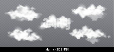 Fluffy white clouds set isolated on transparent background. Vector realistic illustration of cloudy sky design elements, puffy cloudscape, light fog texture, rainy weather forecast, dreamy skyline Stock Vector