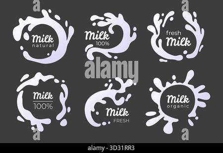 Milk splash labels with dynamic white droplets and organic cream shapes. Collection of circular vector icons for natural farm dairy products, eco and fresh beverage packaging or promotional design. Stock Vector