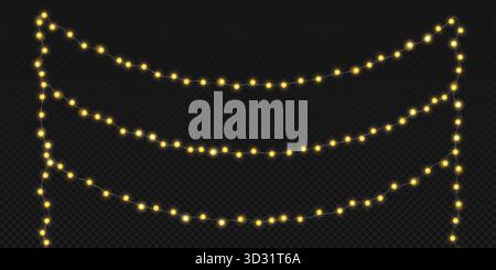 Glowing fairy garland string with warm yellow bulbs on dark transparent background. Decorative wavy light chains in festive atmosphere for holiday celebrations or party events vector illustration. Stock Vector