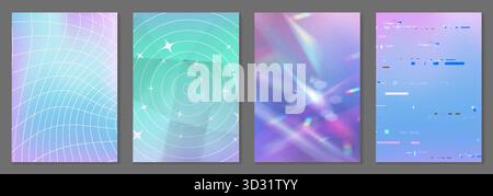 Gradient backgrounds set with abstract patterns. Vector realistic illustration of illusion backdrops with checkered wireframe, spiral, diamond light streak, glitch effect, hypnotic y2k poster design Stock Vector